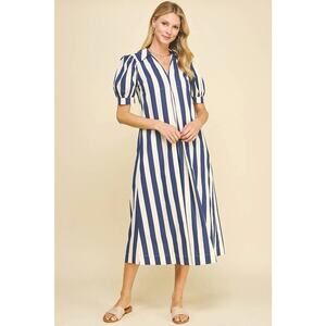 Pinch Blue White Striped Collar Maxi Dress Puff Sleeve M